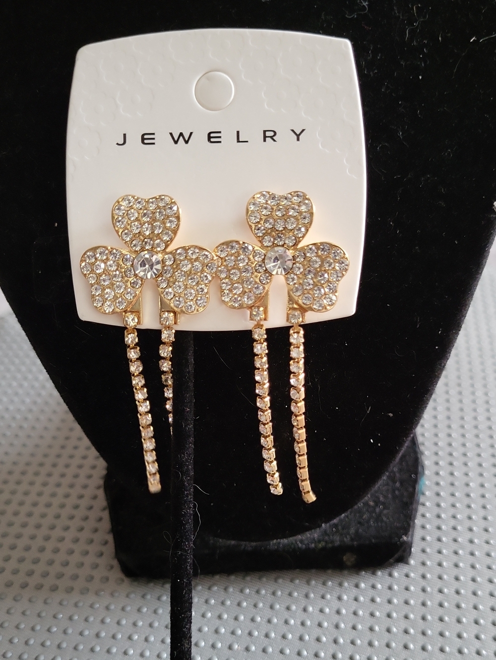 Fashion Jewelry 2.5" L Gold Crystal Clover Drop Earrings -